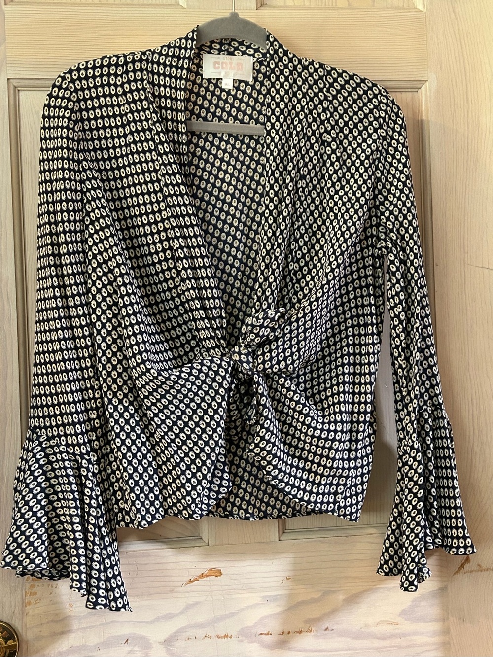 Stone Cold Fox "Ziggy" Silk Print Front Tie Top with Bell Sleeves. Women’s M/L